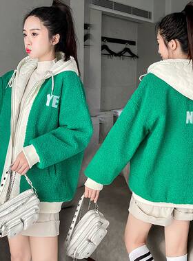 颗粒绒两面穿棉衣女网红新款克莱因蓝外套加绒加厚棉服羊羔毛上衣