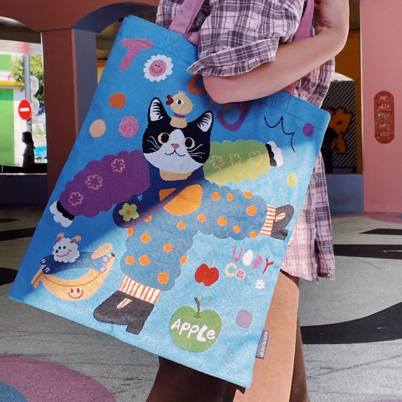 有蒂棵棵原创富贵花猫咪单肩包彩色针织小众艺术日系手提包百搭包
