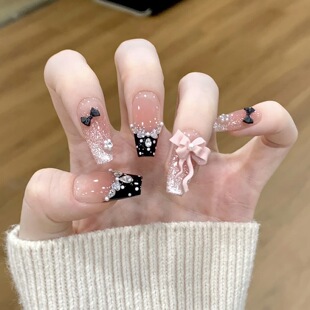 【赫本千金】粉墨千金蝴蝶结猫眼珍珠纯手工黑色法式甜酷穿戴甲