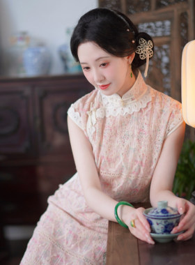 【邂逅】复古蕾丝旗袍风情万种古法宽松少女文艺日常连衣裙长款