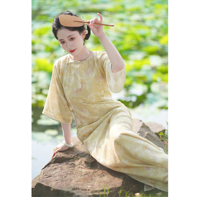 秋笙｜无领旗袍全开襟长款宽松倒大袖改良式新中式中国风连衣裙