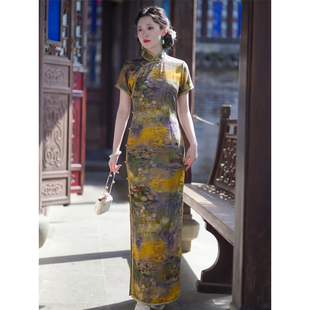 梵高花园｜梦回故里复古旗袍古法无省全开襟曳地旗袍重缎醋酸裙