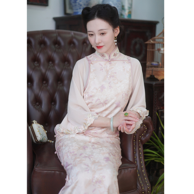 【飞花令】梦回故里旗袍假两件秋冬款新中式曳地长裙日常可穿素雅