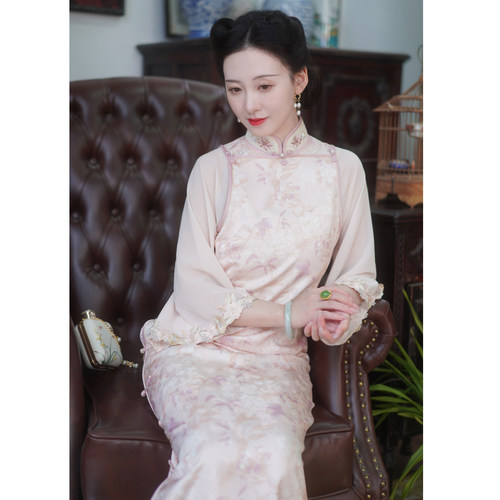 【飞花令】梦回故里旗袍假两件秋冬款新中式曳地长裙日常可穿素雅