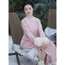 长袖 冬季 旗袍长款 高端胖mm羊毛修身 连衣裙 新中式 溪间山雪