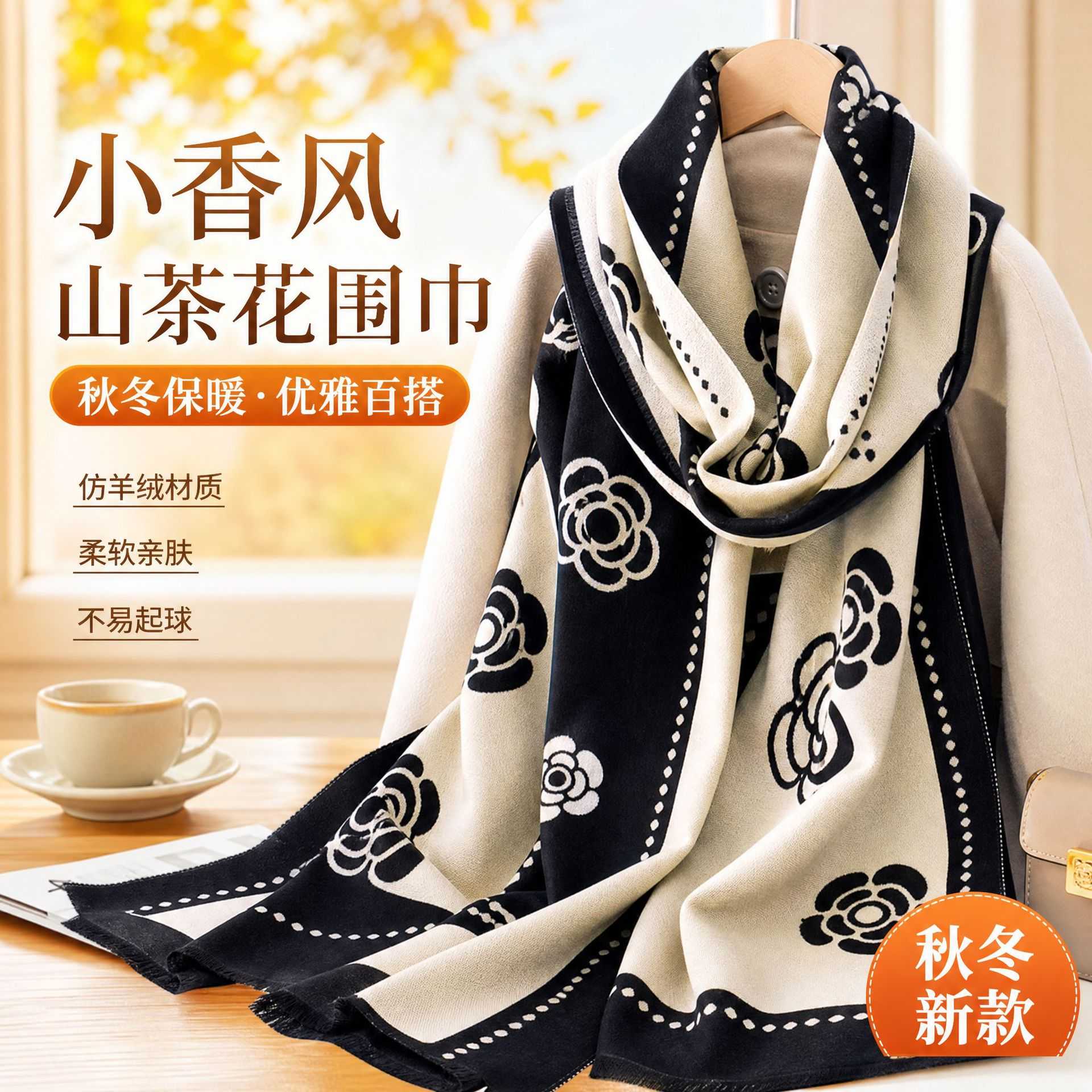 小香风山茶花围巾披肩女秋冬季