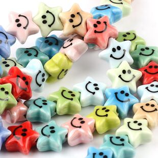 五角星笑脸陶瓷珠 釉彩五星微笑工艺陶瓷手工diy配件项链手链配饰