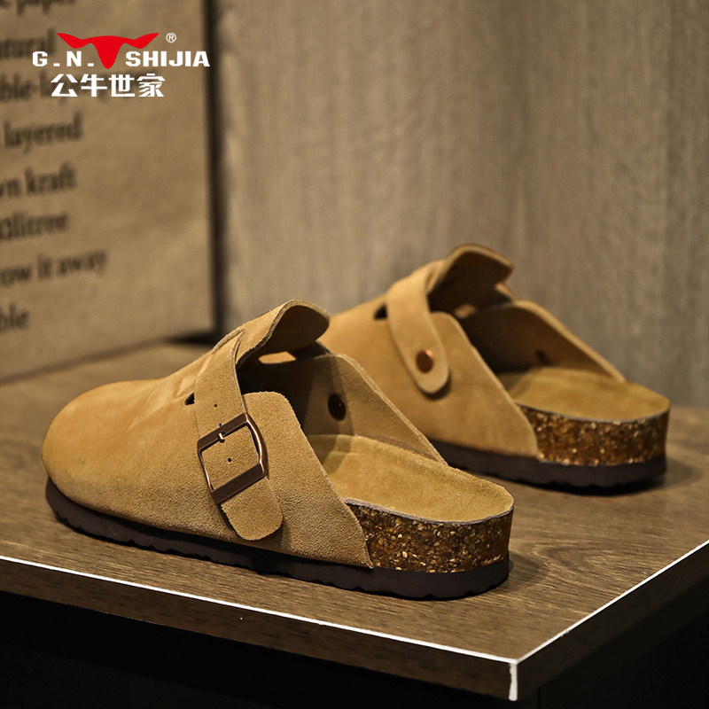 公牛世家真皮博肯半拖鞋男鞋2024夏季新款厚底钓鱼勃肯鞋女鞋包头