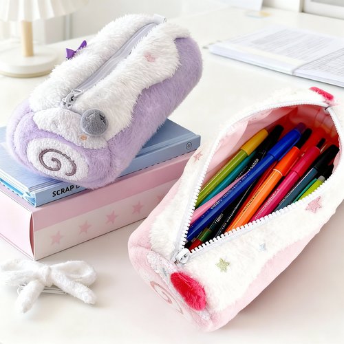 创意瑞士卷笔袋可爱文具袋毛绒大中小学生大容量文具盒开学季礼物
