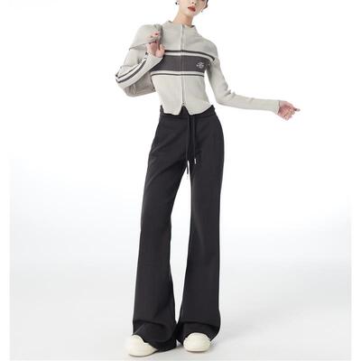 温姗美式灰色高腰抽绳微喇休闲裤女秋冬修身显瘦百搭垂感运动卫裤