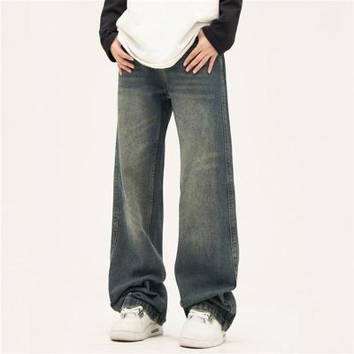 FLYOFF复古做旧水洗蓝直筒牛仔裤男美式潮牌坠感拖地休闲宽松裤子