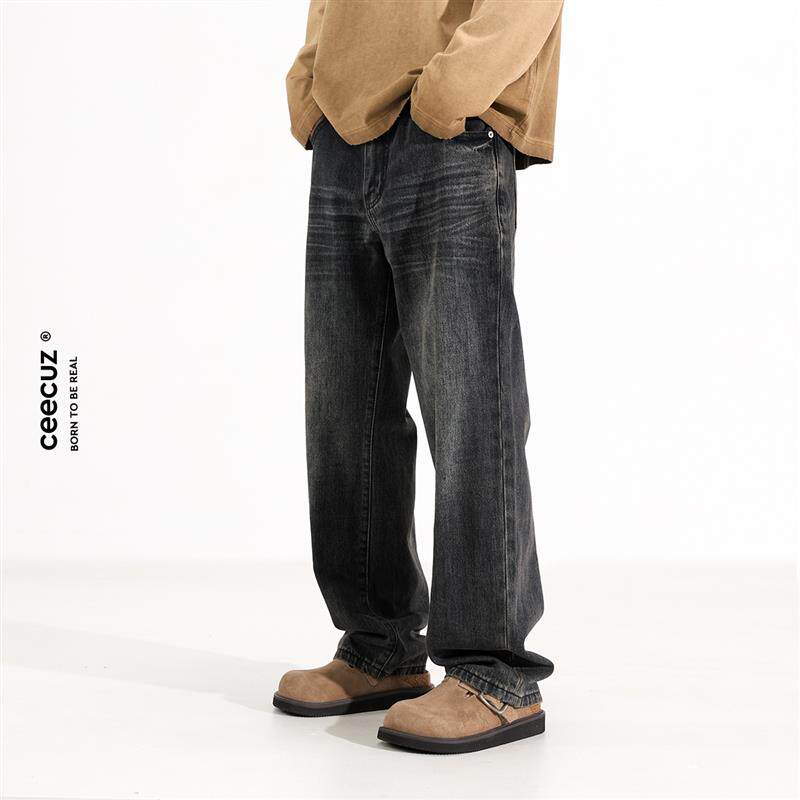 Ceecuz自然做旧猫须直筒牛仔裤男款美式复古做旧宽松阔腿休闲长裤