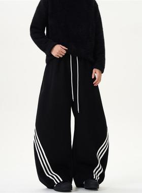 KISKO美式复古三条杠阔腿弯刀卫裤男女加厚宽松休闲运动潮牌裤子