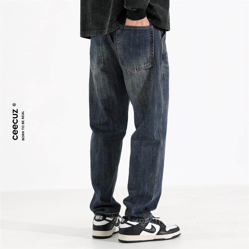 Ceecuz美式复古小直筒牛仔裤男春秋高个子水洗做旧宽松休闲长裤潮