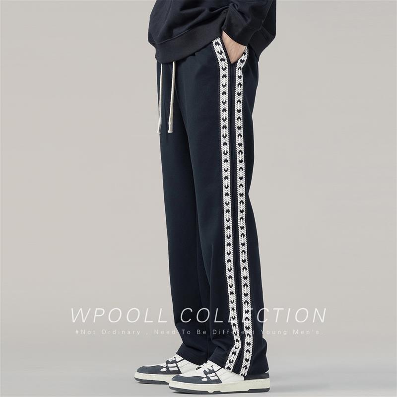 美式高街针织条纹重磅卫裤男生直筒运动裤春季新款阔腿休闲长裤子