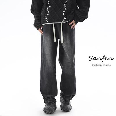 三分焦点 潮牌加绒牛仔裤男士春季松紧腰美式高街水洗休闲长裤子