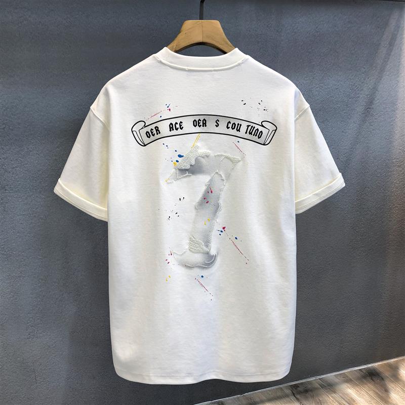 弥敦道高级感个性泼墨刺绣潮牌短袖T恤男款2025夏季宽松美式体恤