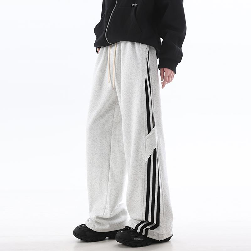 BLRY 运动裤男秋季宽松直筒裤2024新款三条杠休闲长裤条纹阔腿裤