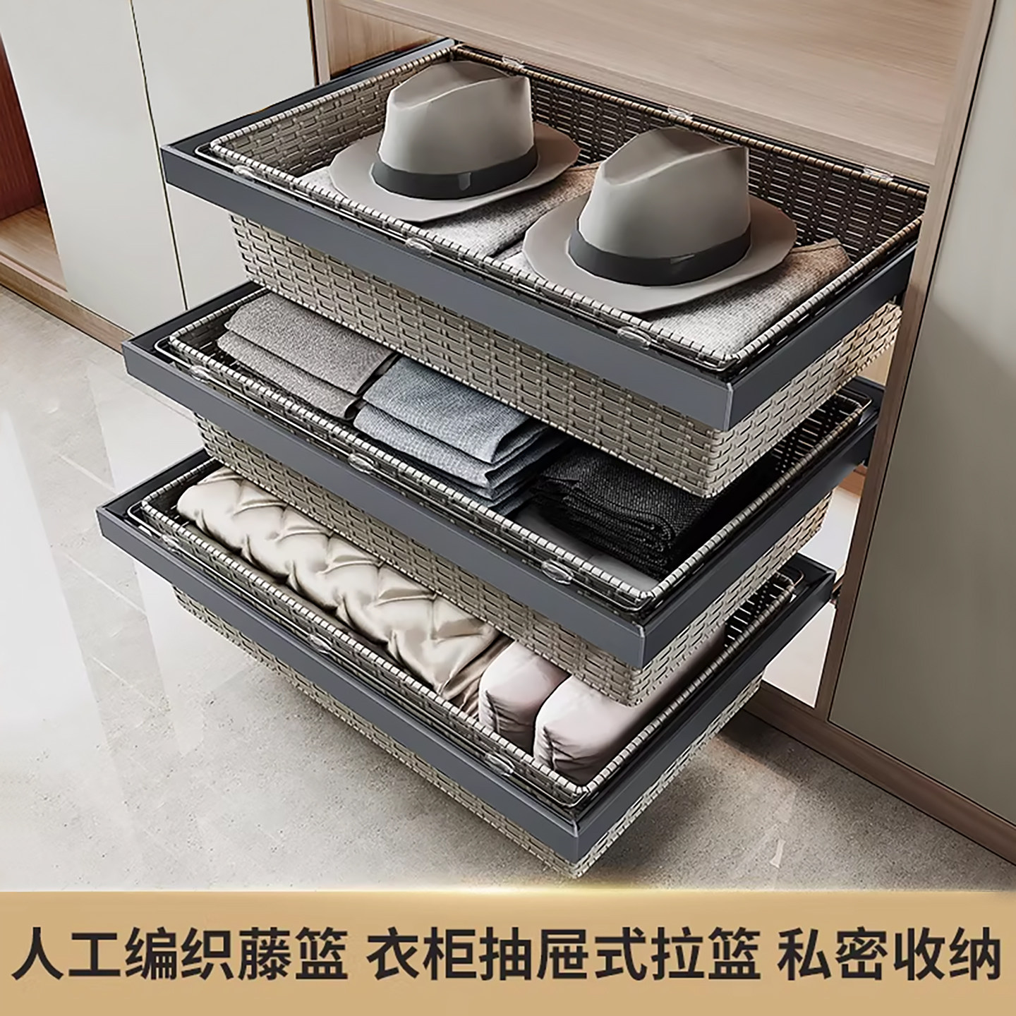 悍诺斯衣柜拉篮伸缩裤架滑轨多功能裤抽衣橱衣柜抽屉式收纳藤篮