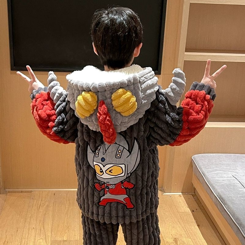 儿童睡衣男童冬季珊瑚三层夹棉加绒加厚法兰绒保暖男孩家居服套装