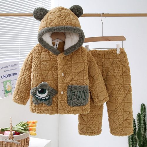 儿童睡衣男童冬季加厚加绒法兰绒男孩三层夹棉冬款带帽耐脏家居服