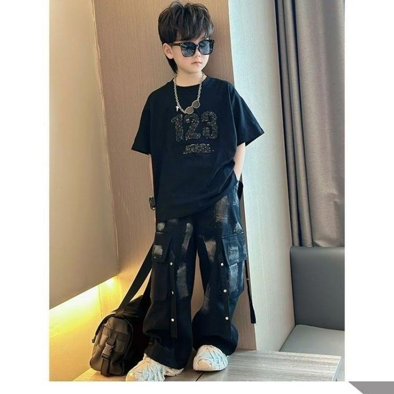 男女中大童春秋新款黑色亮片绣花长袖卫衣复古潮流痞帅工装牛仔裤