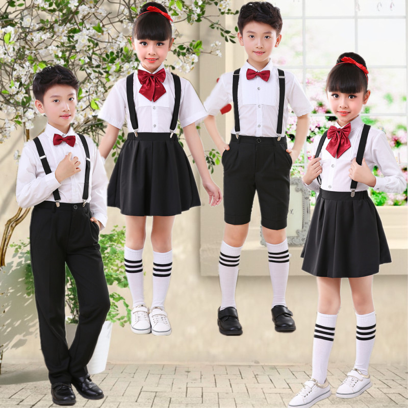 儿童大合唱团演出服装男女长袖背带裤小学生主持人诗歌朗诵表演服