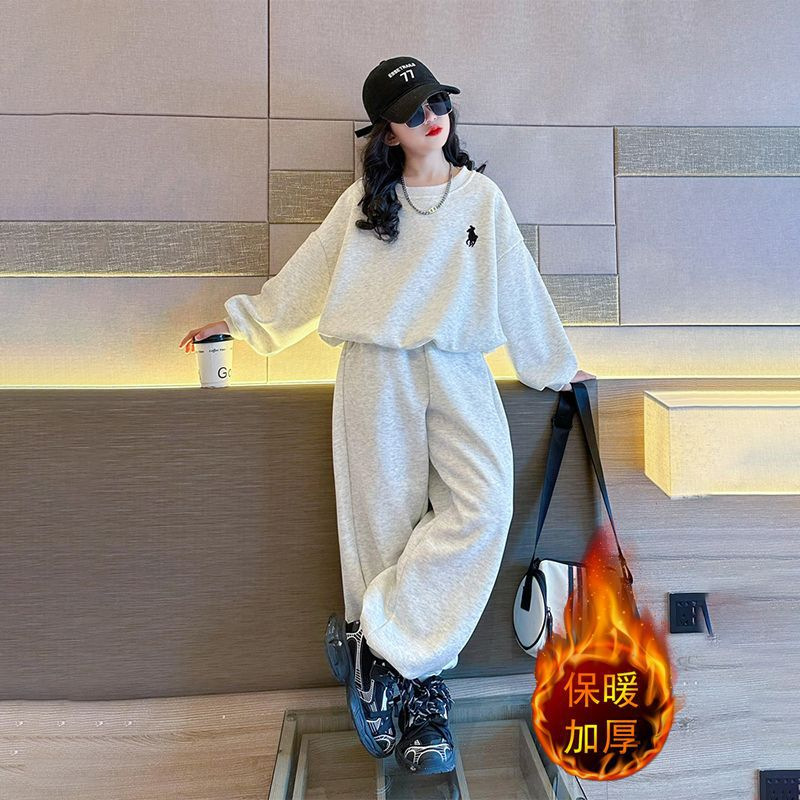 女童秋冬加绒加厚卫衣套装新款洋气时髦中大女孩运动休闲两件套