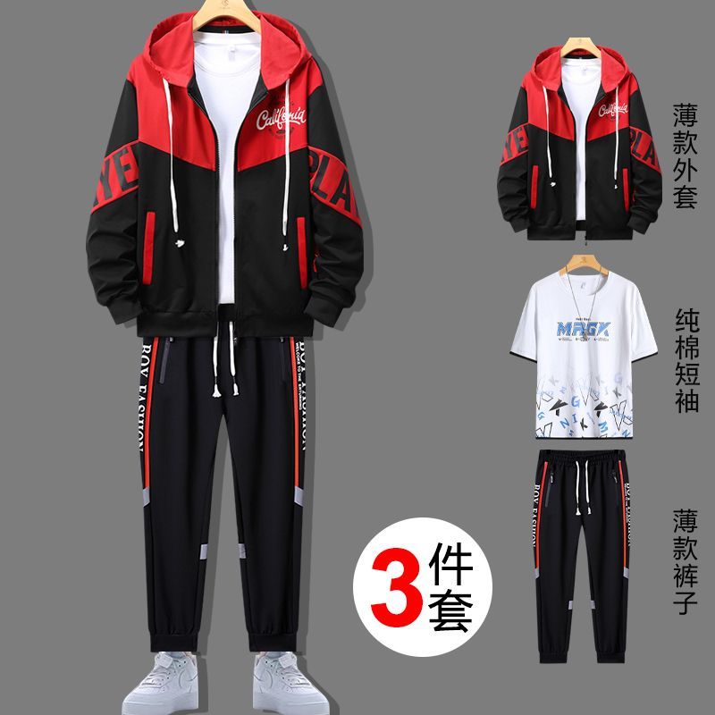 短袖卫衣三件套夏季纯棉T恤青少年运动套装男中学生搭配一套帅气
