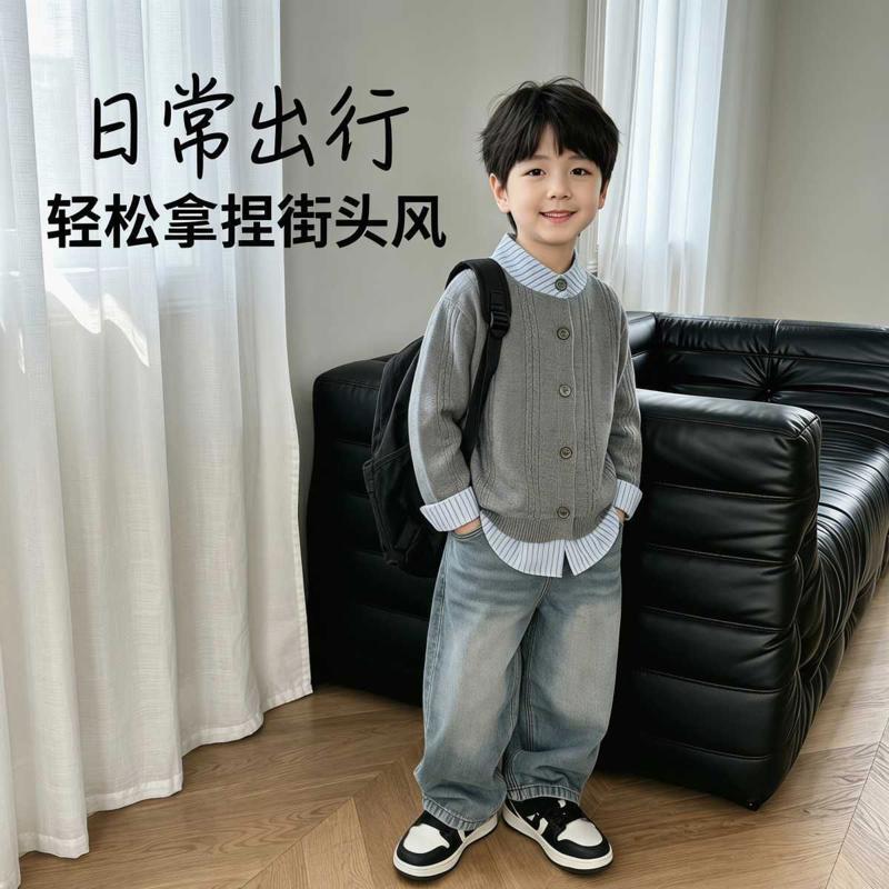 儿童春秋季男女童新款毛衣开衫韩版针织衫假两件拼接上衣时尚百搭