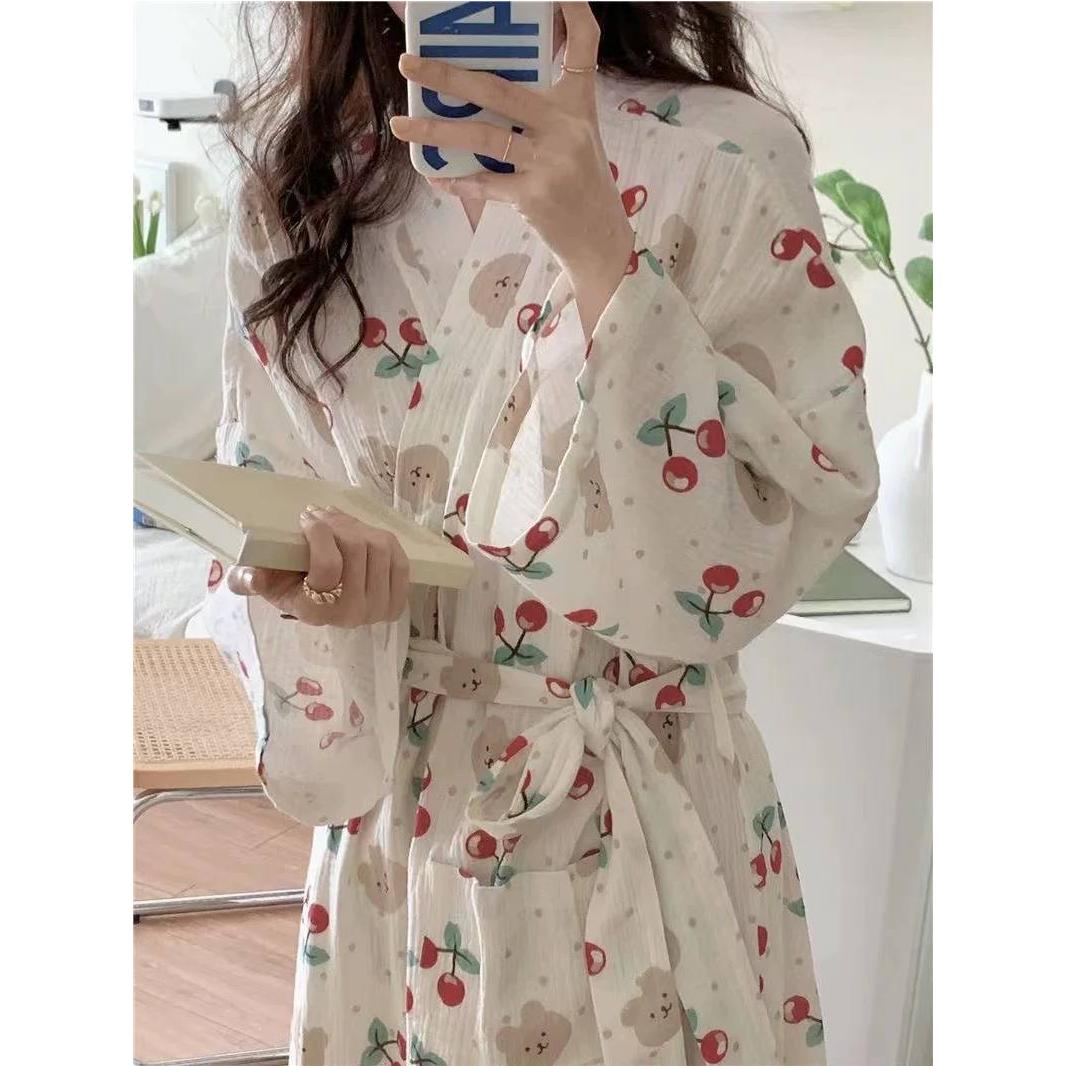日系蓝色格子卡通小熊长款睡袍女