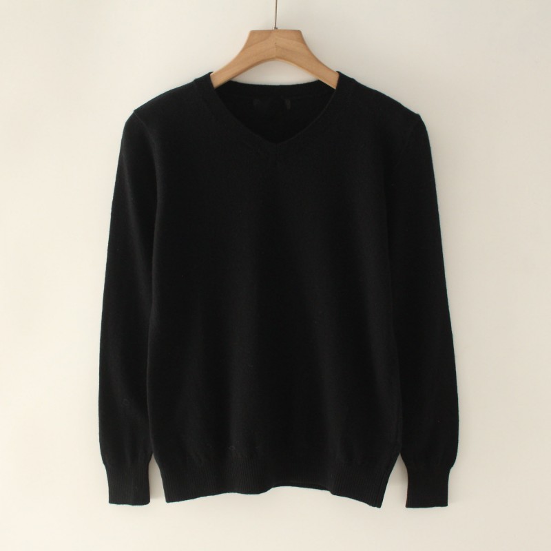 秋冬羊毛羊绒混纺长袖V领套头修身薄款纯色针织衫上衣女