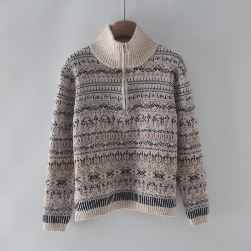 复古费尔岛提花半拉链毛衣