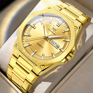 中老年人大表盘男士 钢带夜光防水石英腕表送爸爸长辈礼物 手表男款