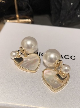 新款法式明星同款爱心白贝母耳钉女韩国气质简约桃心珍珠心形