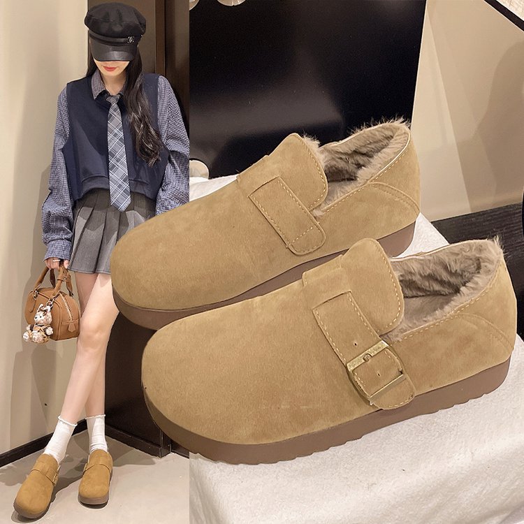 桑坡勃肯鞋加绒全包复古女冬一脚蹬豆豆鞋毛毛棉鞋保暖雪地靴
