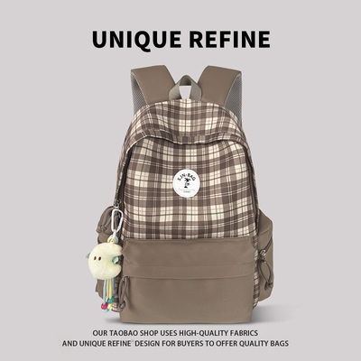 0302#新品 格子书包女初中生高中生轻便背包新款休闲宽肩带双肩包