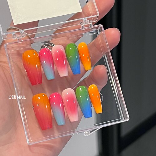 C辣Nail 新款辣妹缤纷马戏团彩虹美甲手工穿戴甲成品可拆卸假指甲