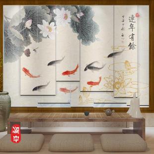 窗帘卷帘电动升降半透屏风帘软隔断装 定制新中式 饰帘家用荷花九鱼