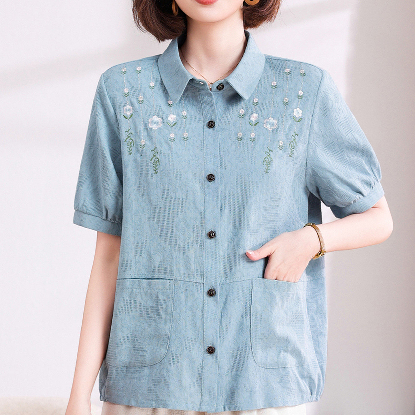 短袖全棉衬衫中老年女装夏季开衫胖MM加肥加大码宽松妈妈纯棉t恤