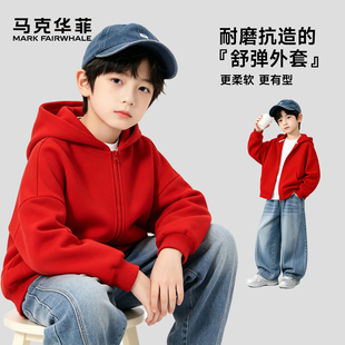 马克华菲男童外套2026新款儿童红色卫衣连帽加绒开衫秋冬上衣潮FW