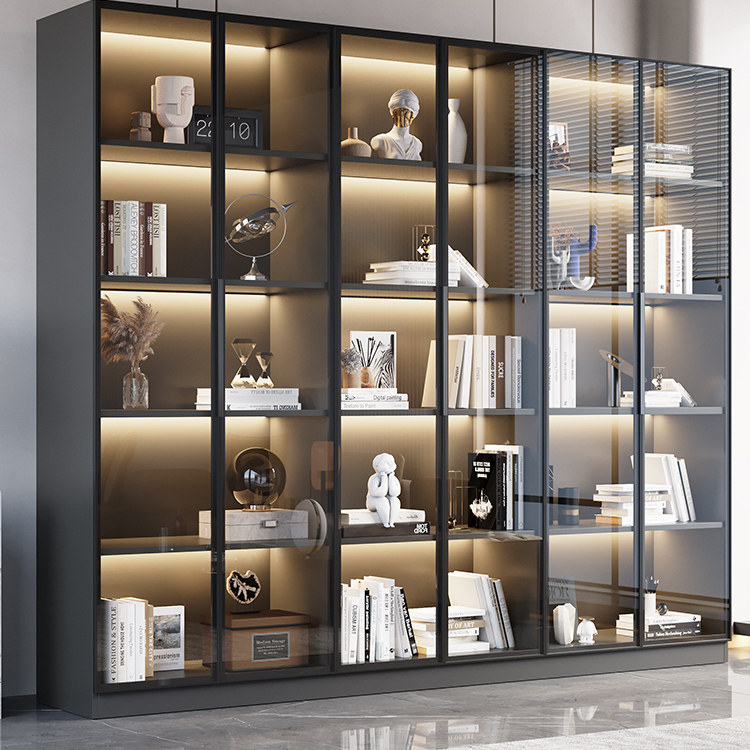 防尘书柜玻璃门家用客厅一体整墙组合新款书架轻奢简约定制展示柜