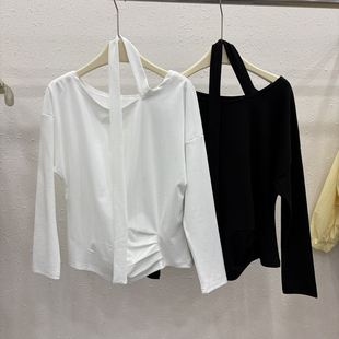 休闲斜肩长袖 宽松显瘦飘带百搭长袖 T恤53866 韩版 云朵26年春款