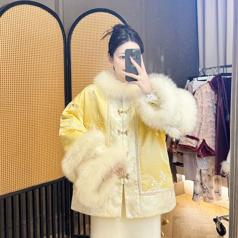 云朵设计国风新中式-内胆保暖羽绒服外套(不可拆真狐狸毛领)CW040