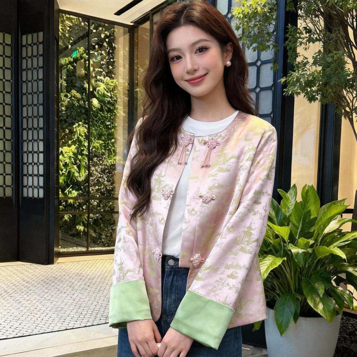 云朵设计盘扣外套粉绿配色+江南园林图案满满东方短外套A9777,女装/女士精品,时尚套装,淘宝优惠券,粉丝福利购,淘宝优惠卷