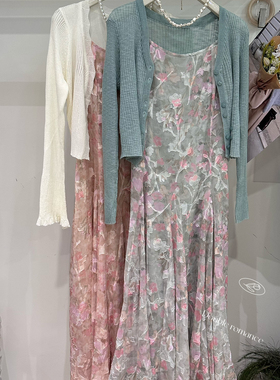 云朵小众设计织短外套+提花重工碎花温柔显瘦连衣裙套装26208