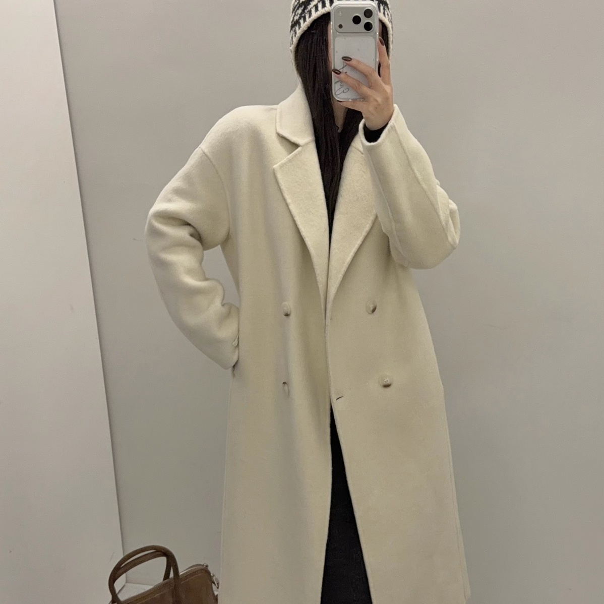 朵冬上新韩系简约通勤西装领双排扣羊毛外套（含100绵羊毛）0122