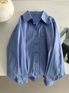 云朵家白格纹长袖衬衫宽松慵懒风防晒衬衣宽松显瘦外套衬衫61476