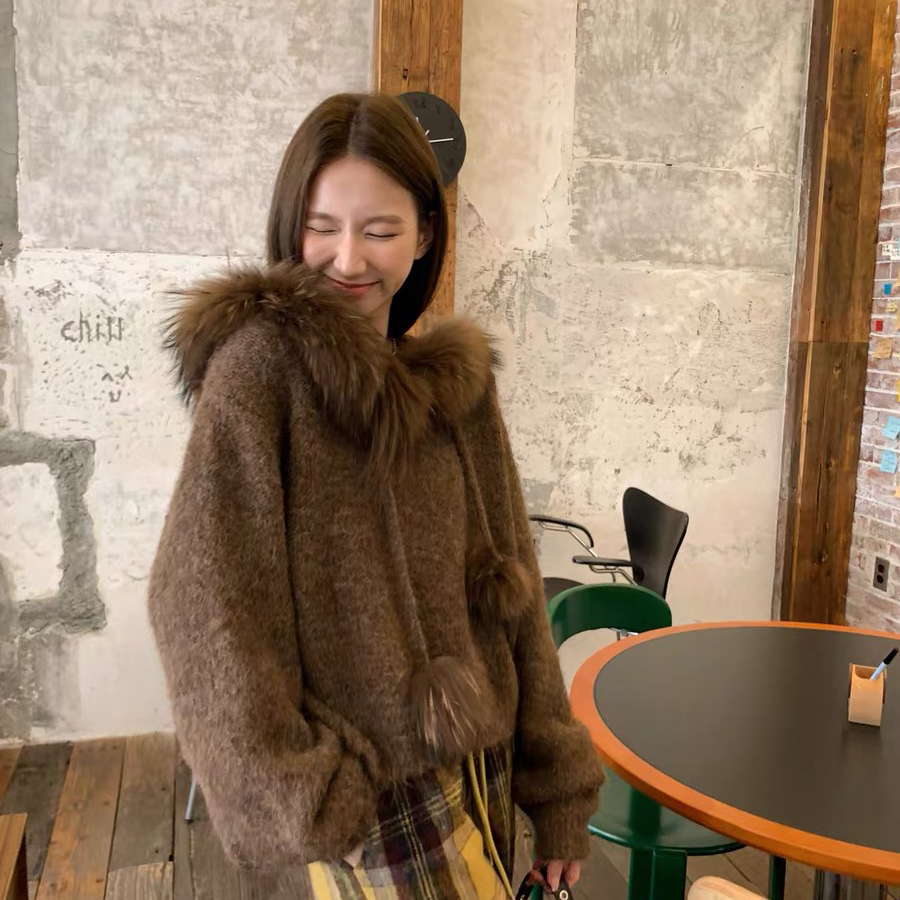 云朵衣女秋冬新款宽松毛毛领连帽毛球针织衫外套上衣针织衫1208