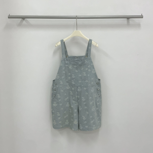 云朵设计韩系复古百搭水洗花朵提花牛仔背带短裤 GK26161 背带裤